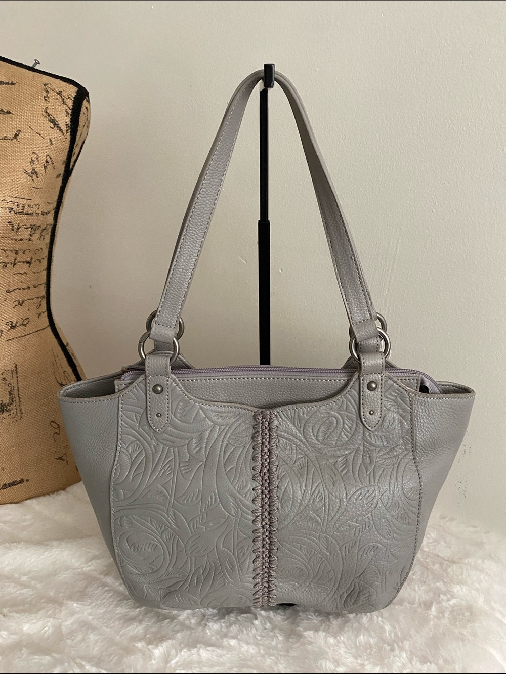 The Sak Leaf Embossed Bolinas Leather Satchel Handbag in Slate